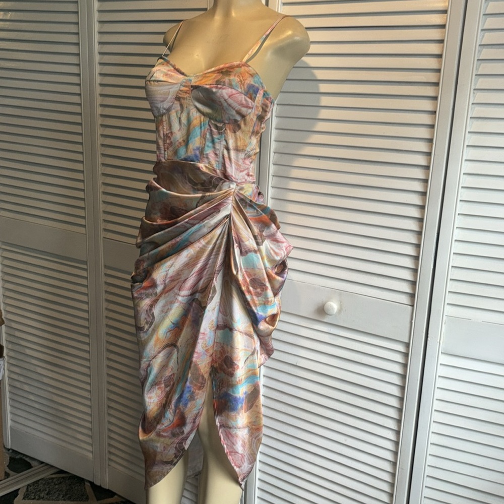 Multi Marble Print Satin Ruched Skirt Corset Detail Midi Dress size 6 - Picture 9 of 12